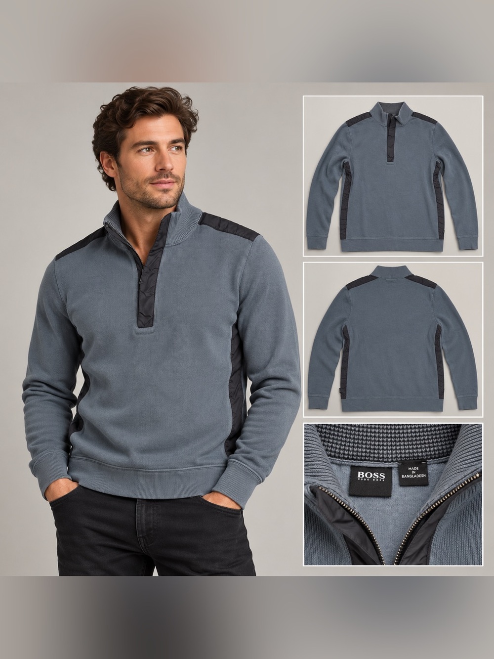 BOSS Hugo Boss Men’s Mixed-Media Quarter- Zip Pullover S Blue Gray